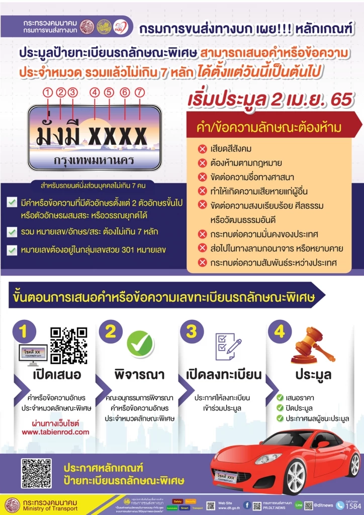 เริ่มวันแรก! ขนส่งทางบก เปิดประมูล "ป้ายทะเบียนรถใส่ชื่อ" รายละเอียดที่นี่