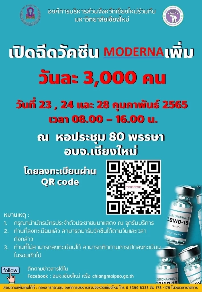 เปิดวอล์คอินฉีดวัคซีน โมเดอร์นา เข็ม 3, 4 ฟรี คลิกที่นี่