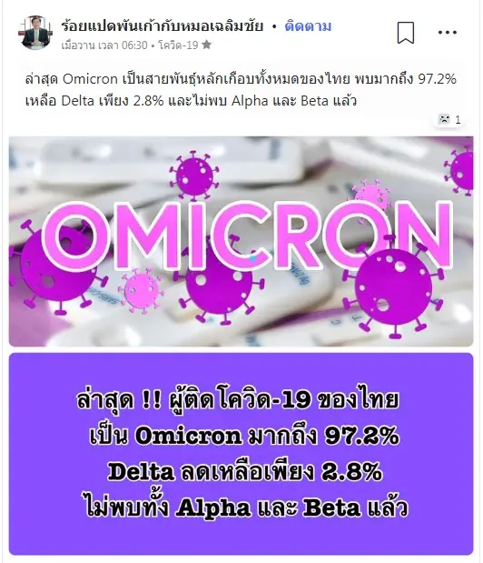 ‘หมอเฉลิมชัย’ เผยสถานการณ์ล่าสุด โอมิครอนยึดครองไทยแล้ว 97.2%