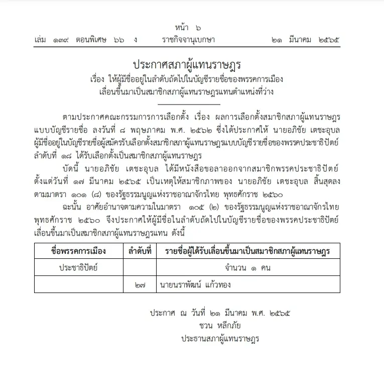 ราชกิจจาฯประกาศ  เลื่อนบัญชีรายชื่อ  "นราพัฒน์ แก้วทอง" ขึ้นเป็นส.ส.ปชป.