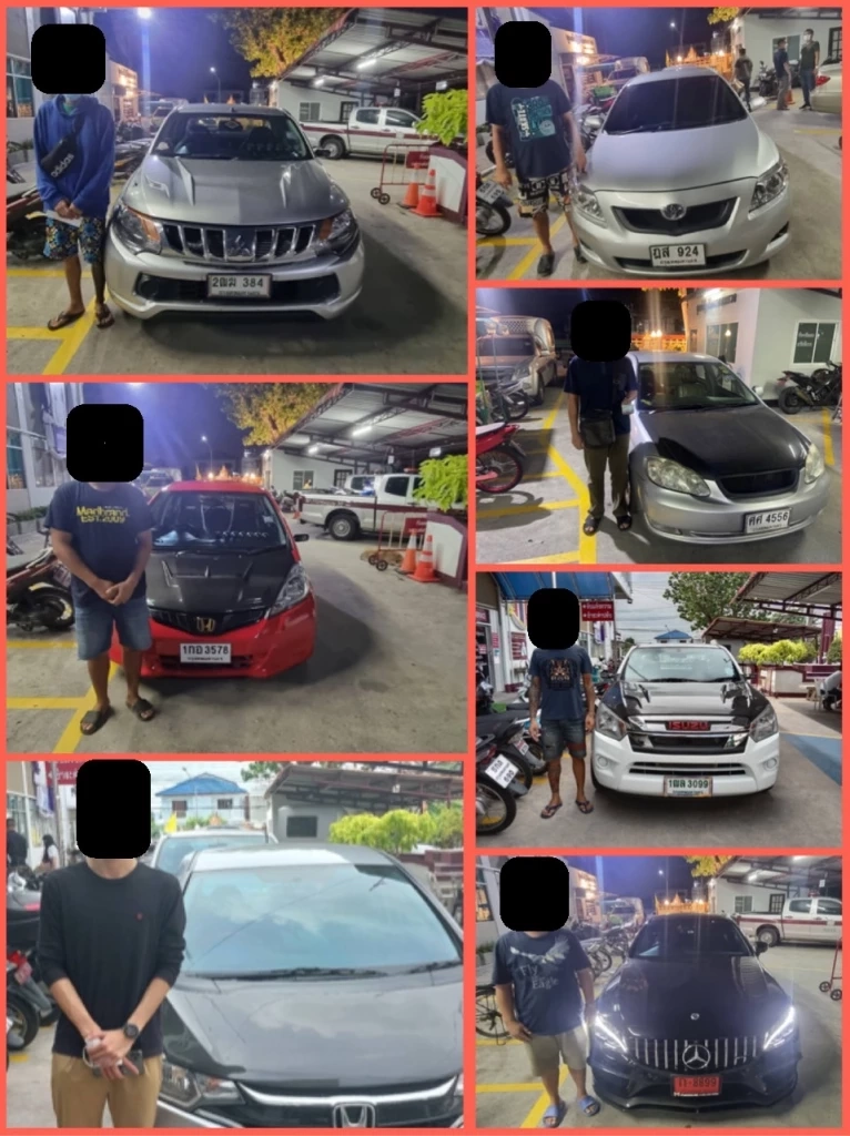 ภาพผู้ต้องหาพร้อมรถยนต์ของกลางที่ใช้แข่งขัน