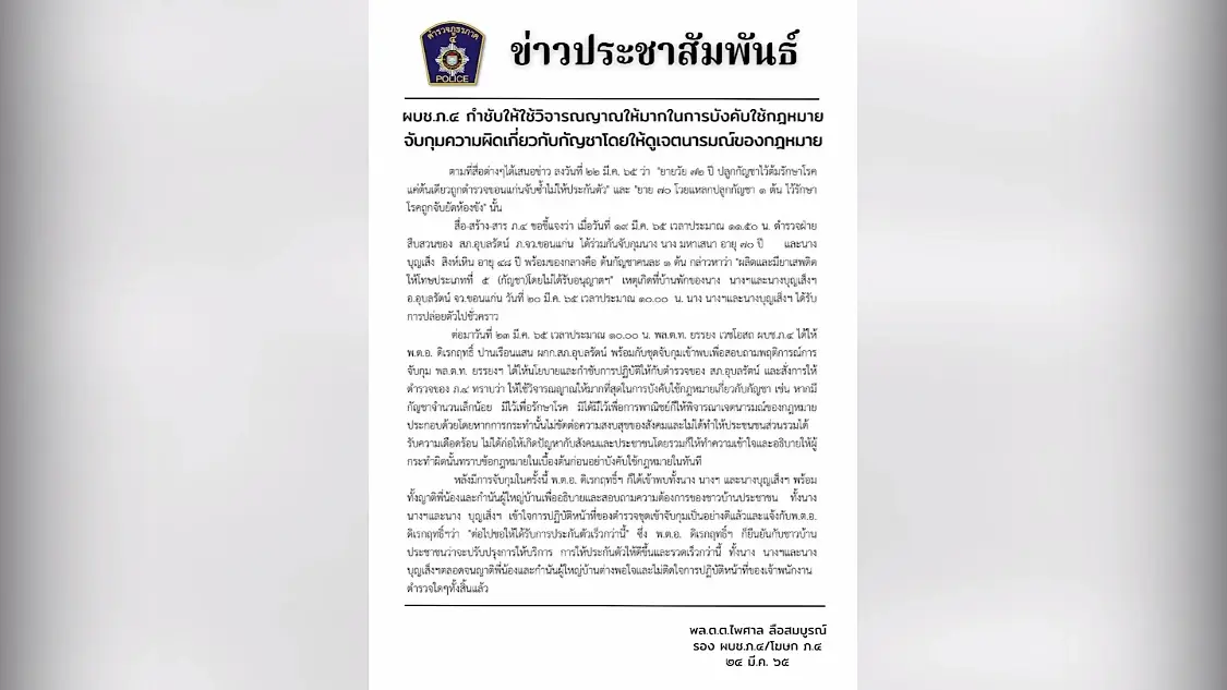 “บิ๊กยง”กำชับทุกโรงพักใช้วิจารณญาณในการจับกุมปลูกกัญชา