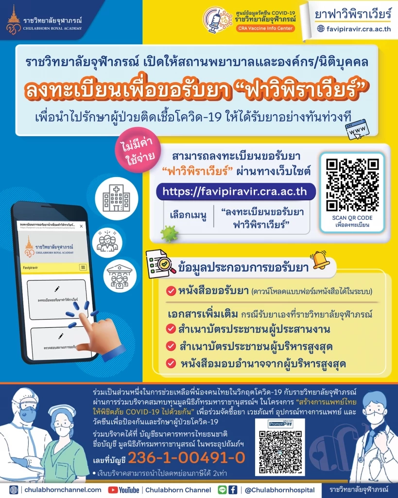 เปิดเงื่อนไข ราชวิทยาลัยจุฬาภรณ์ เปิดลงทะเบียนรับ "ยาฟาวิพิราเวียร์" ฟรี