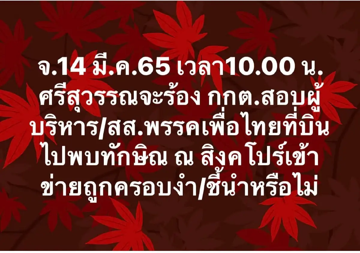 #เดี๋ยวเจอกัน ศรีสุวรรณ  เตรียมร้อง กกต. ส.ส.เพื่อไทย บินพบ ทักษิณ ขัดกม.?