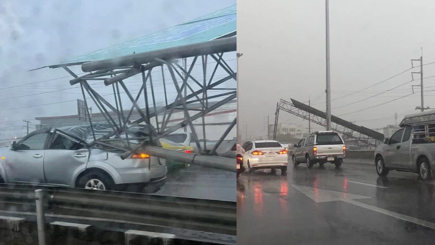 พายุฤดูร้อนถล่มกรุง ฝนตกหนักทำป้ายโอเวอร์เฮดล้มหล่นทับรถยนต์เสียหายยับ