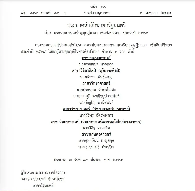 "ราชกิจจาฯ" โปรดเกล้าฯพระราชทานเหรียญดุษฎีมาลา เข็มศิลปวิทยา ประจำปี 2564