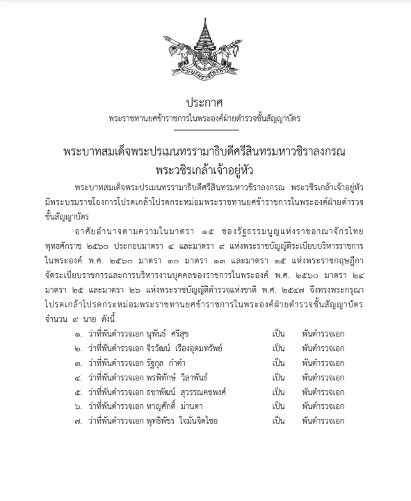 "พระบรมราชโองการ" โปรดเกล้าฯพระราชทานยศขรก.ในพระองค์ฝ่ายตำรวจสัญญาบัตร
