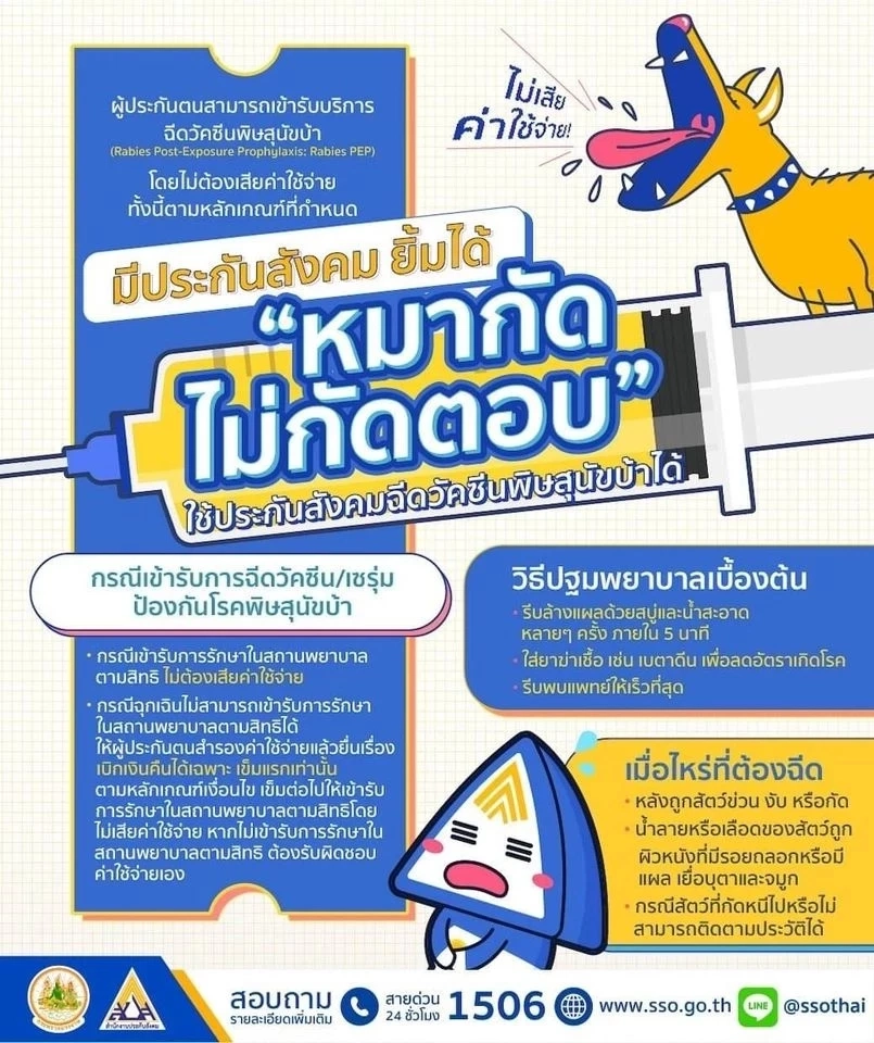 เช็กสิทธิประกันสังคม ฉีดวัคซีนพิษสุนัขบ้า มีเสียค่าใช้จ่ายหรือไม่