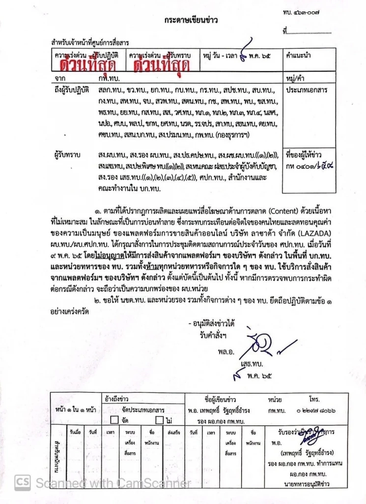 คำสั่ง ทบ. สั่งห้ามกำลังพลซื้อสินค้าจาก Lazada