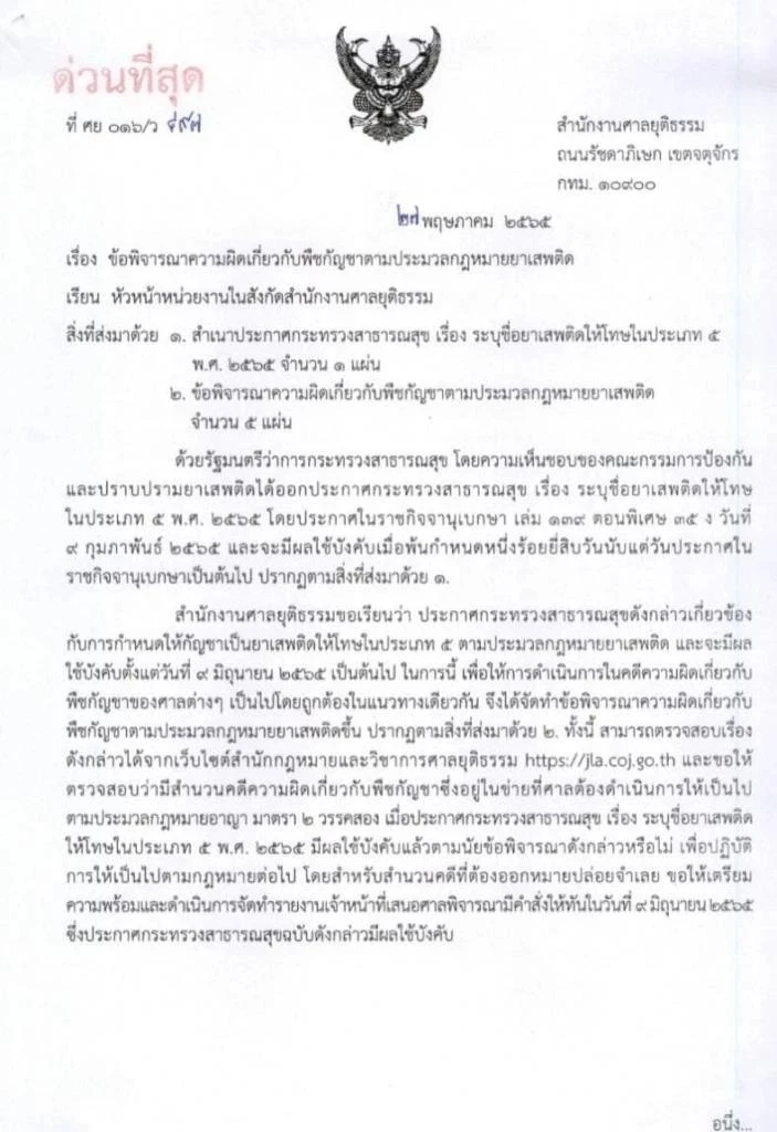 หนังสือเวียน เรื่อง ข้อพิจารณาความผิดเกี่ยวกับพืชกัญชาตามประมวลกฎหมายยาเสพติด