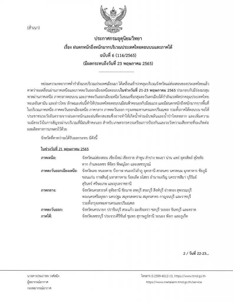 กรมอุตุฯ ประกาศฉ.6 เตือนทั่วไทย 65 จว. ฝนตกหนักมาก-มีลมแรง ระวังท่วมฉับพลัน
