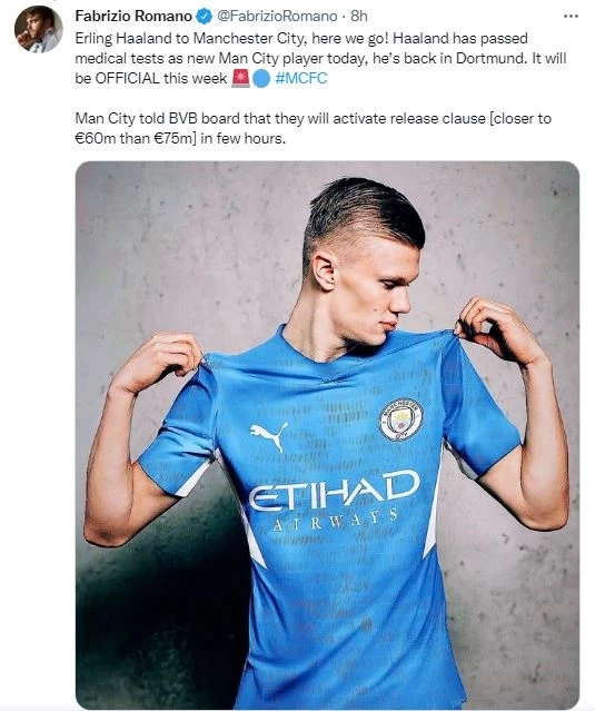 "ฮาแลนด์"ผ่านตรวจร่างกายย้ายซบแมนฯซิตี้ จ่อเปิดตัวเร็วๆนี้