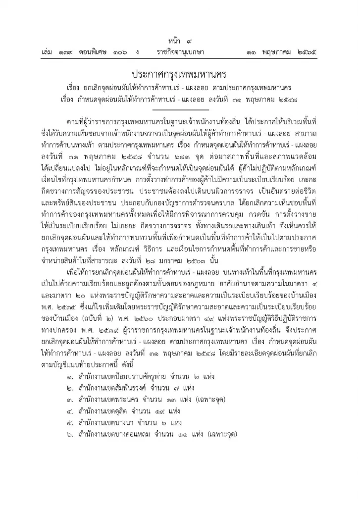 กทม.ประกาศยกเลิก 683 จุดผ่อนผันให้ทําการค้าหาบเร่ แผงลอย ใน 13 สำนักงานเขต