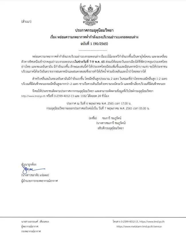 กรมอุตุฯ ประกาศเตือนฉบับ 1 จับตาพายุไซโคลน ภาคใต้ระวังน้ำท่วมฉับพลัน