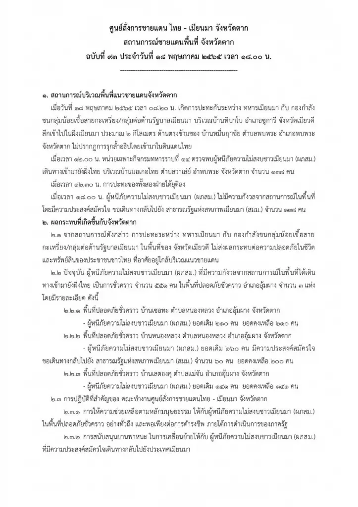 ตาก-กองกำลังกะเหรี่ยง ปะทะ ทหารเมียนมา ใกล้ชายแดนไทย หนีภัยเข้าไทย 138 คน