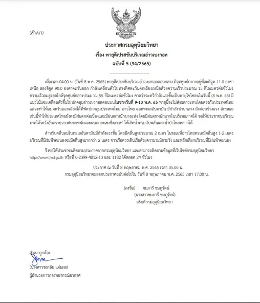 กรมอุตุฯ แจ้งเตือน "พายุดีเปรสชัน" ฉ.5 จะทวีความรุนแรงเป็น พายุไซโคลน วันนี้