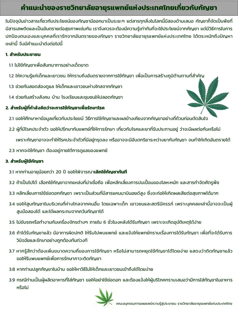 ราชวิทยาลัยอายุรแพทย์ฯ ออกคำแนะนำการใช้ "กัญชา" ในการรักษา-ประชาชนทั่วไป