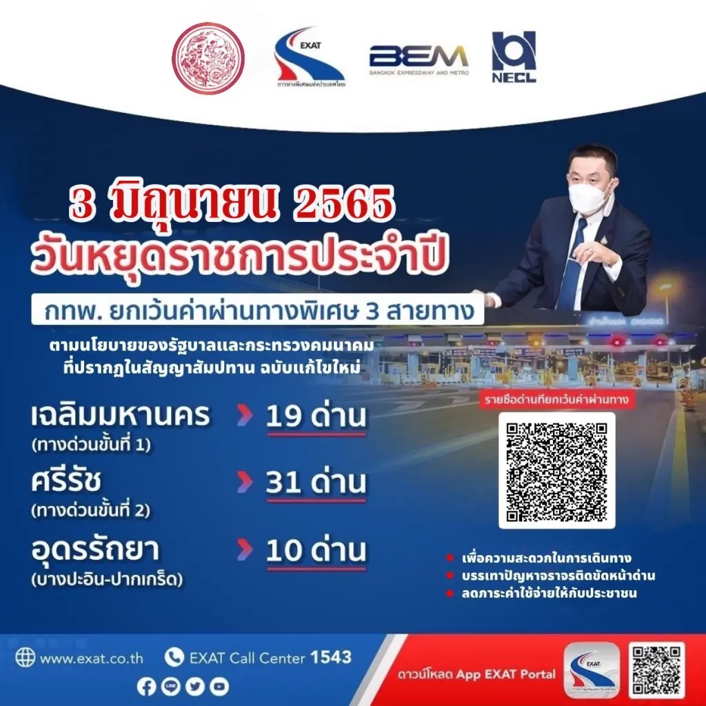 ข่าวดี! กทพ. ยกเว้นค่าผ่านทางพิเศษ 3 สายทาง พรุ่งนี้ (3 มิ.ย.)