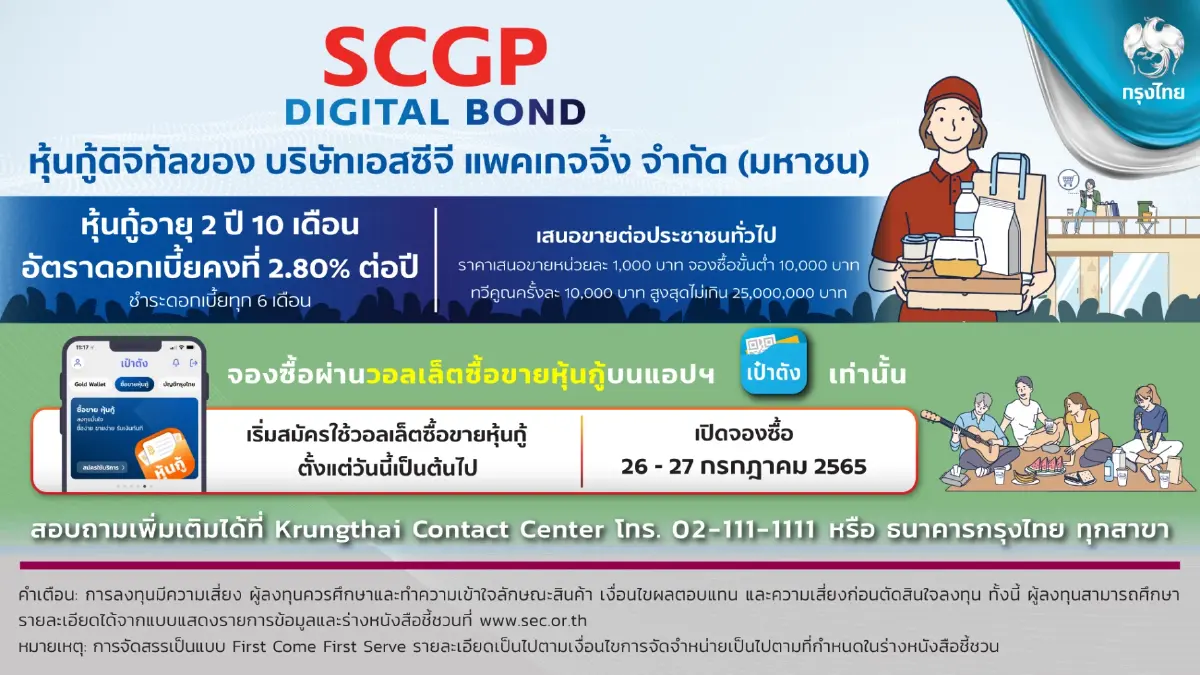 “กรุงไทย” เปิดขายหุ้นกู้ดิจิทัล SCGP ดอกเบี้ย 2.80% ผ่าน"เป๋าตัง" ตอกย้ำผู้นำการลงทุนสะดวก-ทั่วถึง ดีเดย์ 26 ก.ค.นี้