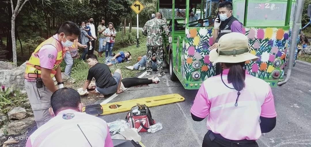 ระทึก!รถรางรับส่งนทท.ชมทุ่งดอกกระเจียวพลิกคว่ำหวิดตกเขาเจ็บ13สาหัส2