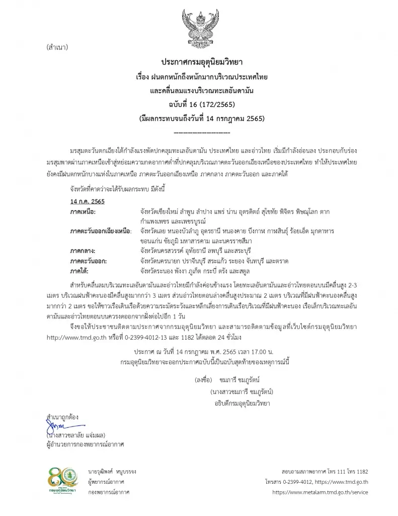 "กรมอุตุฯ" ประกาศเตือนฉบับสุดท้าย "ฝนตกหนักถึงหนักมาก" กระทบ 40 จังหวัด