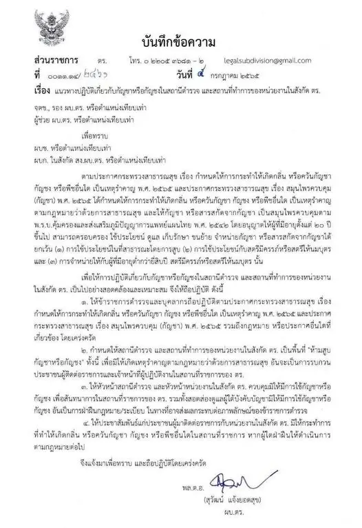 คำสั่งห้ามตำรวจ - ปชช.สูบกัญชา - กัญชง ในสถานที่ของตำรวจ