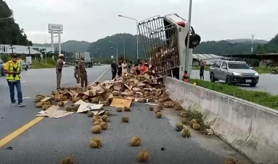 ระทึก ! รถบรรทุกตีลังกาชนเสาไฟฟ้า เทกระจาดทุเรียน 3 ตันเกลื่อนถนน