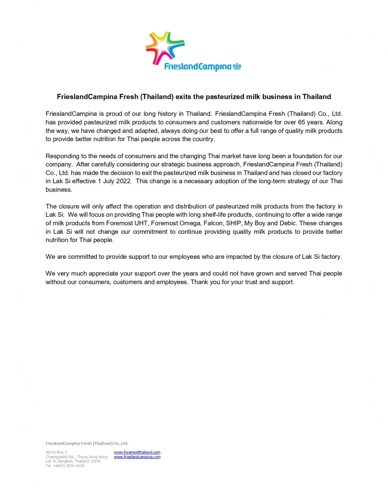 “โฟร์โมสต์” เปิดสาเหตุ ทำไมถึงยกเลิกผลิตและขาย “นมพาสเจอร์ไรซ์” ในไทย
