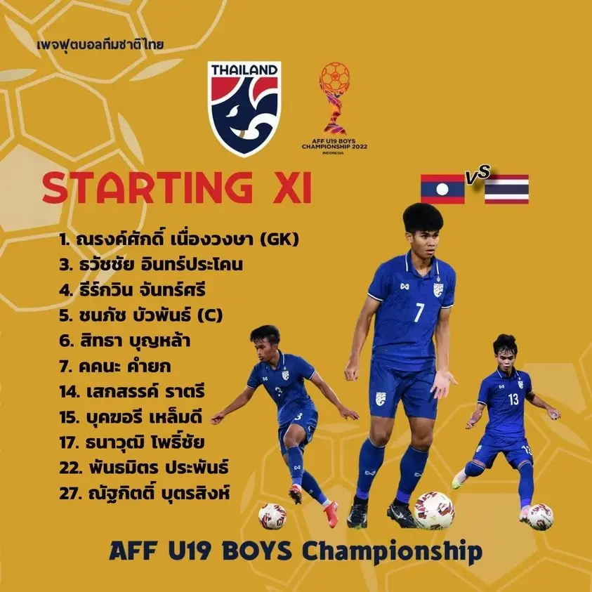 ชมสด! "ช้างศึก U19" ปะทะลาวตัดเชือกถ้วยอาเซียน พร้อมรายชื่อ 11 ตัวจริง