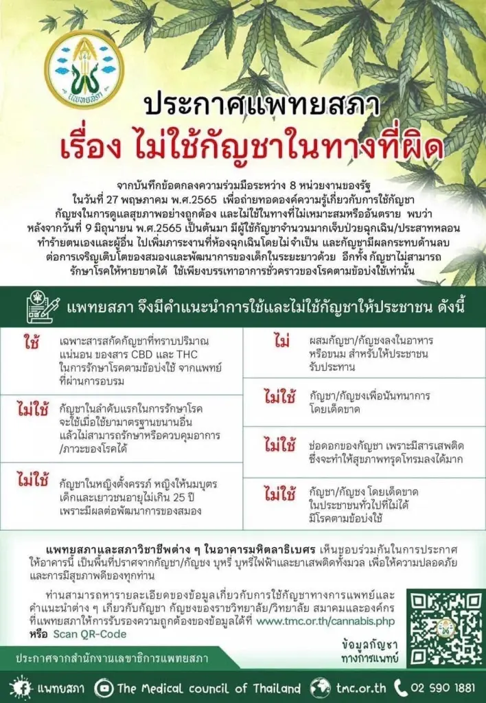 แพทยสภา ออกประกาศ "ไม่ใช้กัญชาในทางที่ผิด" พร้อมวิธีใช้กัญชาอย่างปลอดภัย