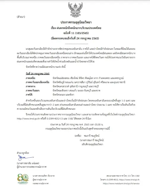 กรมอุตุฯ ประกาศเตือน ฉบับที่ 11 "ฝนตกหนักถึงหนักมาก" 25 จังหวัดเฝ้าระวัง