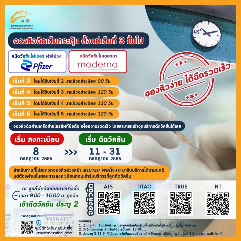 "ศูนย์ฉีดวัคซีนกลางบางซื่อ" เปิดจองคิวฉีดวัคซีนโควิด เข็ม 6 ผ่านค่ายมือถือ