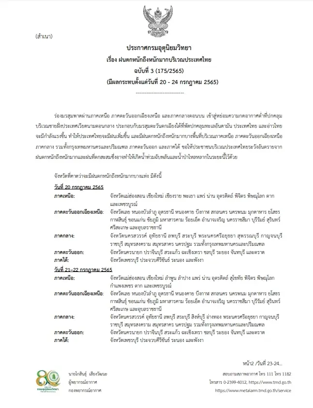 กรมอุตุฯ ประกาศฉบับที่ 3 เตือน  ฝนตกหนักถึงหนักมาก วันนี้ 60 จังหวัดอ่วม