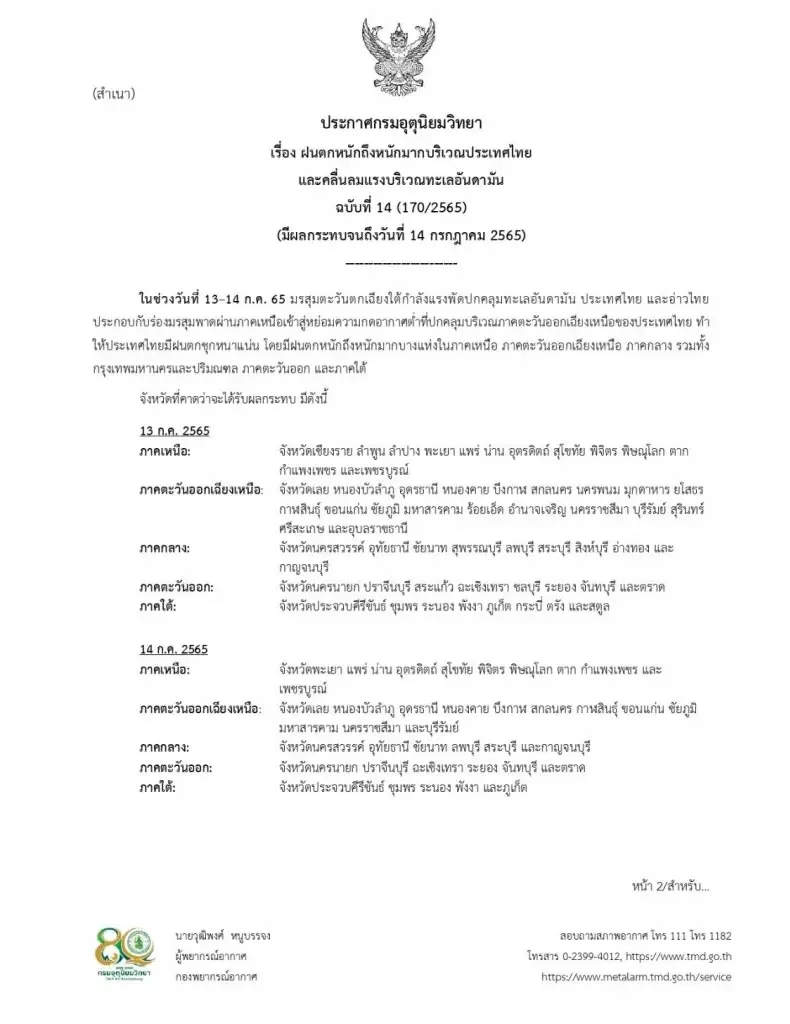 อุตุฯ ออกประกาศฉบับที่ 14 เตือนมรสุมพัดปกคลุม 13-14 ก.ค.นี้ ระวัง "ฝนตกหนัก"
