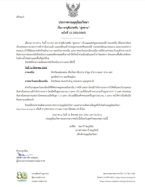 "กรมอุตุฯ" ประกาศเตือนครั้งสุดท้าย  "พายุมู่หลาน" 15 จว. ฝนตกหนักถึงหนักมาก