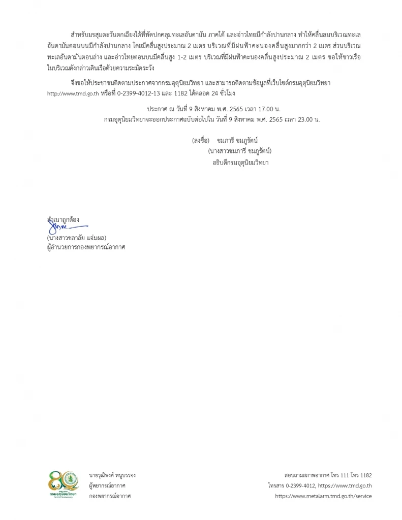 "กรมอุตุฯ" ประกาศฉ.2 เตือนพายุโซนร้อน“มู่หลาน” ฝนตกหนักมากถึงหนักมาก