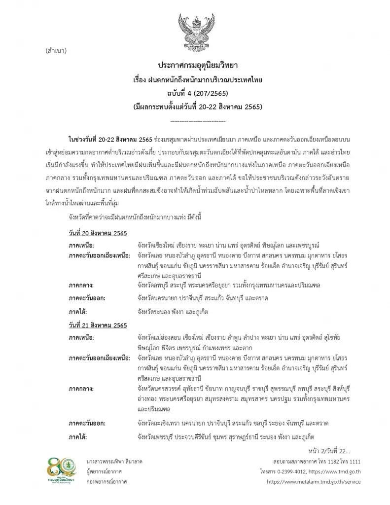 "กรมอุตุ" ประกาศเตือนฉบับ 4 เปิดพื้นที่ "ฝนหนักมากถึงหนักมาก" 46 จว.