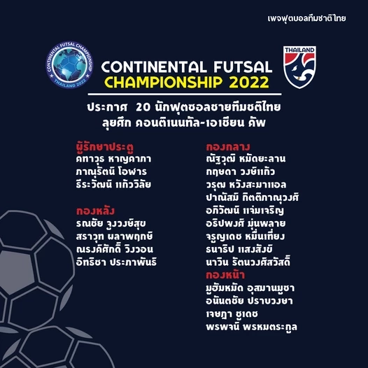 เปิดโผ 20 แข้งฟุตซอลไทยชุดลุยศึกคอนติเนนทัล-เอเชียน คัพ