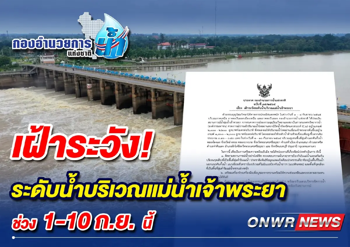 กอนช. ประกาศเฝ้าระวัง 5 จว."ลุ่มเจ้าพระยา" หลังอุตุฯแจ้งฝนตกหนัก 3-8 ก.ย.นี้