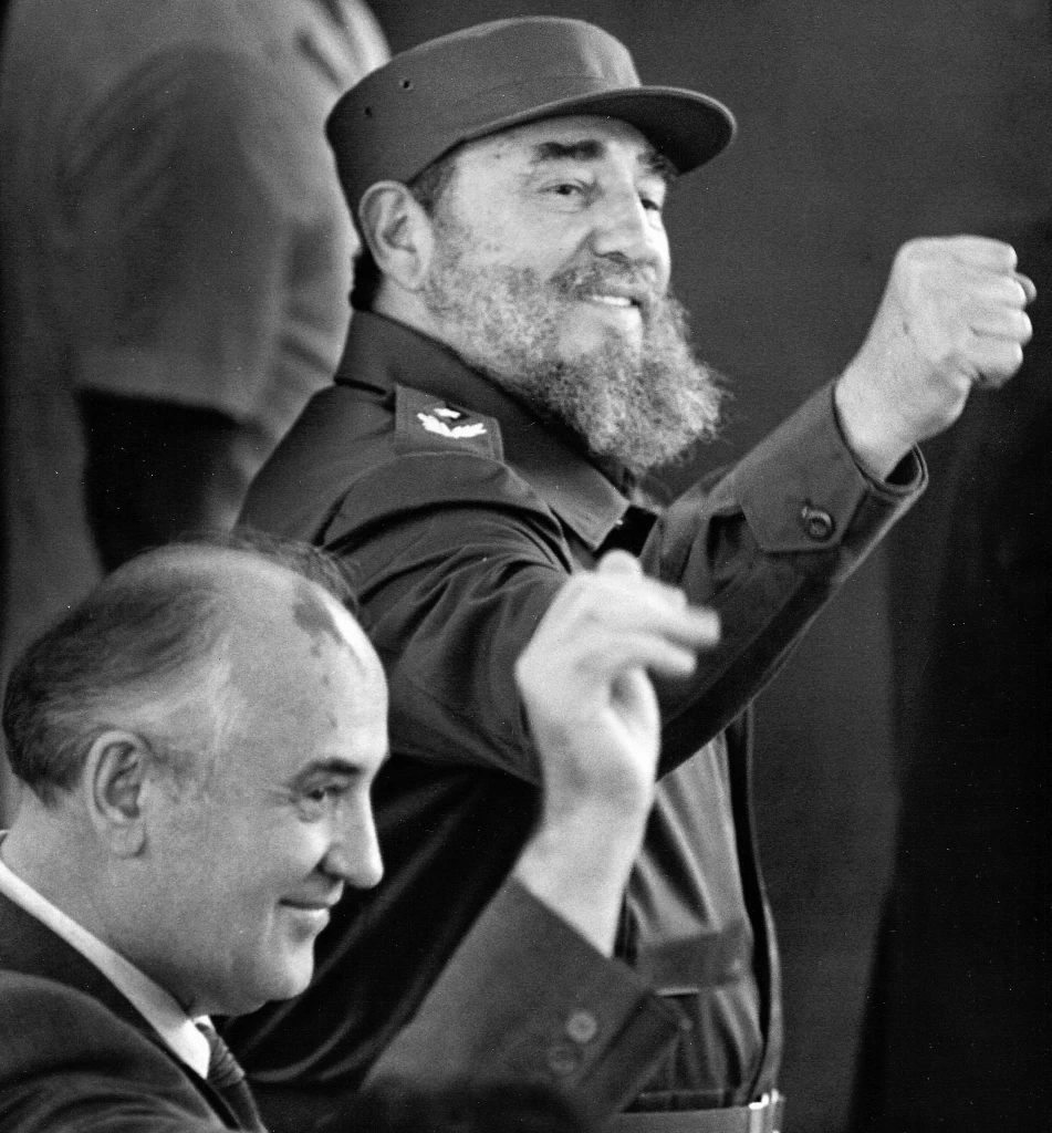 Cuba's President Fidel Castro (R) and Soviet leader Mikhail Gorbachev (L) gesture during an event in Havana in this April 3, 1989 file photo.
