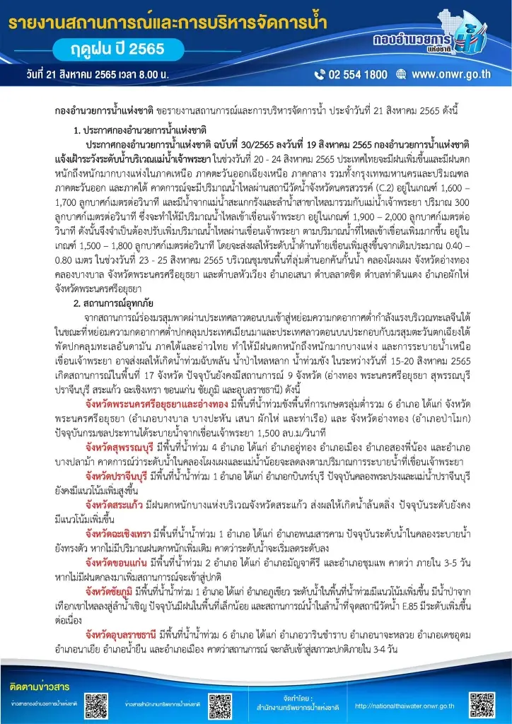 กอนช. เตือนเขื่อนเจ้าพระยาระบายน้ำเพิ่ม ท้ายเขื่อนระวังน้ำท่วม