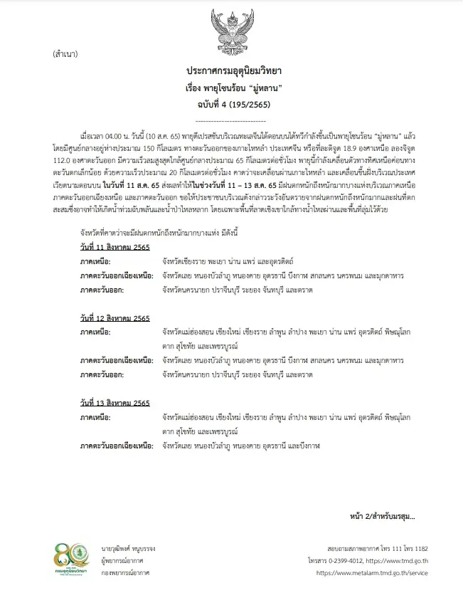 กรมอุตุฯ ประกาศฉ.4 วันนี้ 18 จว.เตรียมรับ "พายุโซนร้อน มู่หลาน"