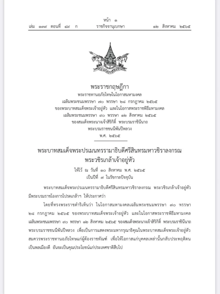 พระราชกฤษฎีกา"พระราชทานอภัยโทษ"ในโอกาสมหามงคล วันเฉลิมพระชนมพรรษาฯ