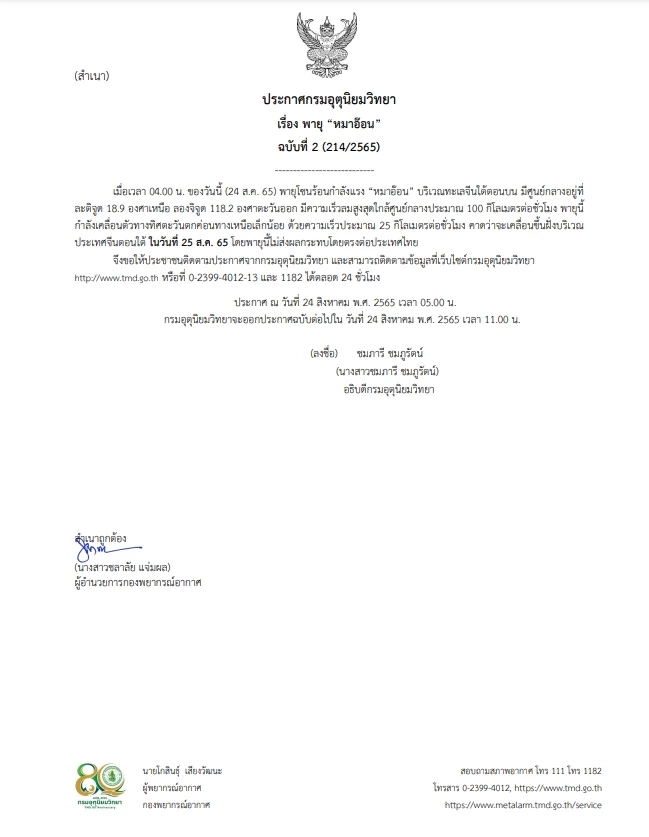 กรมอุตุฯ ประกาศฉบับ 2 พายุ"หมาอ๊อน" ขึ้นฝั่งจีนตอนใต้ 25 ส.ค. ไม่กระทบไทย