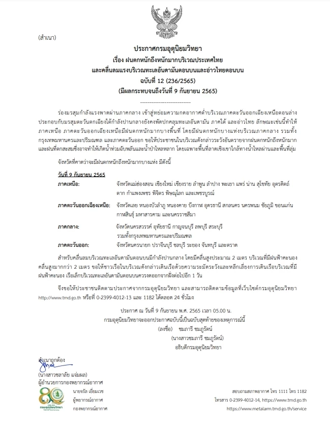 อุตุฯ ประกาศฉบับที่ 12 เตือน 44 จังหวัดฝนตกหนักถึงหนักมาก รวมทั้งกทม.