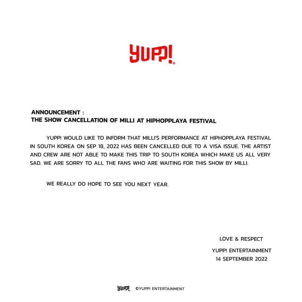 ปัญหาวีซ่า “มิลลิ” เข้าประเทศไม่ได้ ประกาศยกเลิกคอนเสิร์ตที่ “เกาหลี”