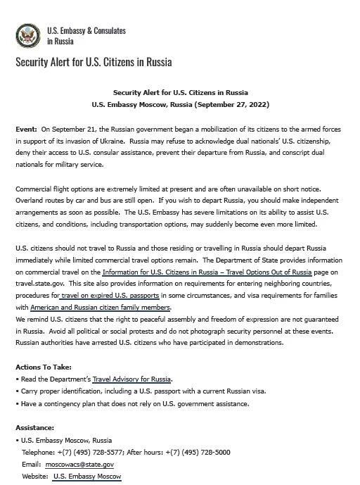 สถานทูตสหรัฐฯ เตือนชาวอเมริกันรีบออกจากรัสเซีย เลี่ยงถูกเกณฑ์ทหาร