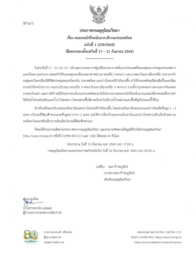 กรมอุตุฯ ประกาศฉบับ1 ไทยฝนตกหนักถึงหนักมาก 17-21 ก.ย.นี้