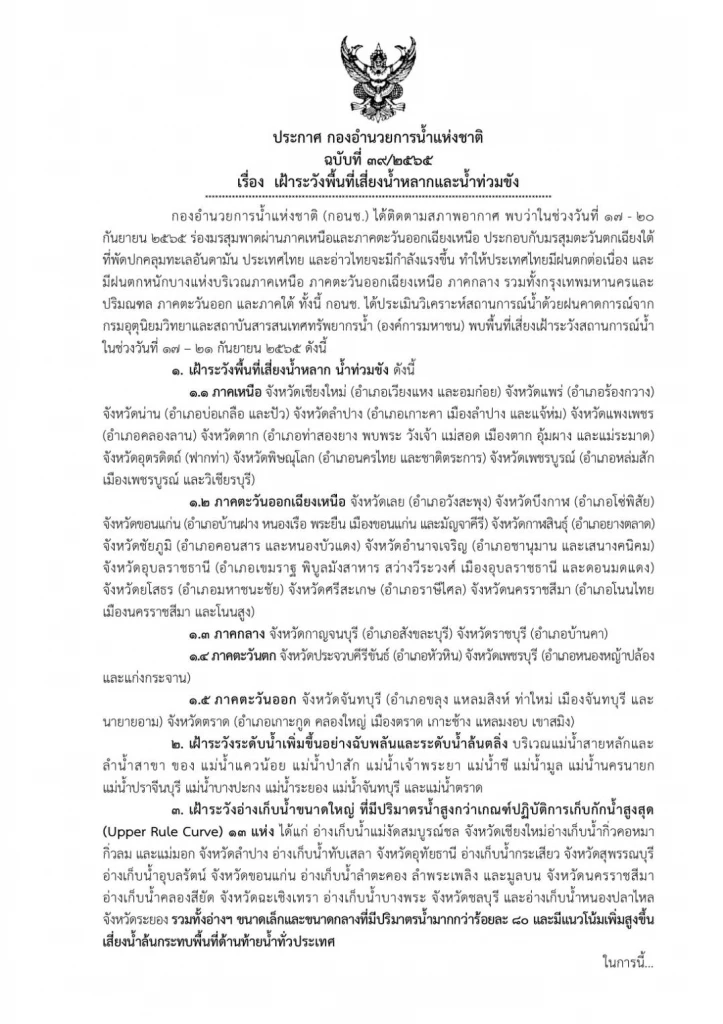 กอนช. เตือน 24 จังหวัด เฝ้าระวังพื้นที่เสี่ยงน้ำหลาก น้ำท่วมขัง 17-21 ก.ย.