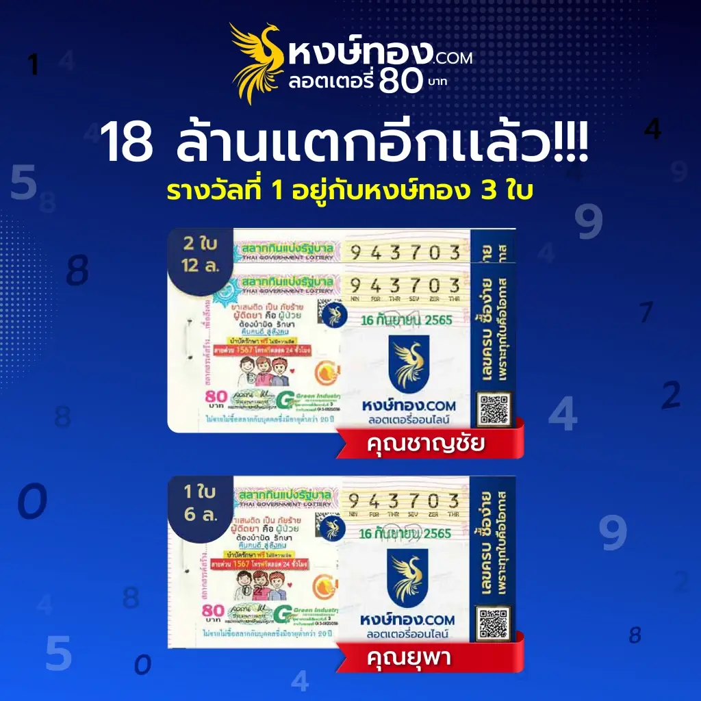 รับอีก!!! 18 ล้าน รางวัลที่ 1 จาก หงษ์ทอง.COM ลอตเตอรี่ออนไลน์ จ่ายสดไม่มีหัก พร้อมผู้โชคดีถูกรางวัลงวดนี้รวมกว่า 100 ล้านบาท
